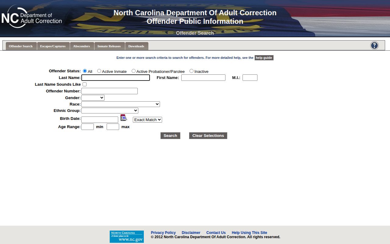 Scotland County parole and probation status filters in the NCDAC offender search