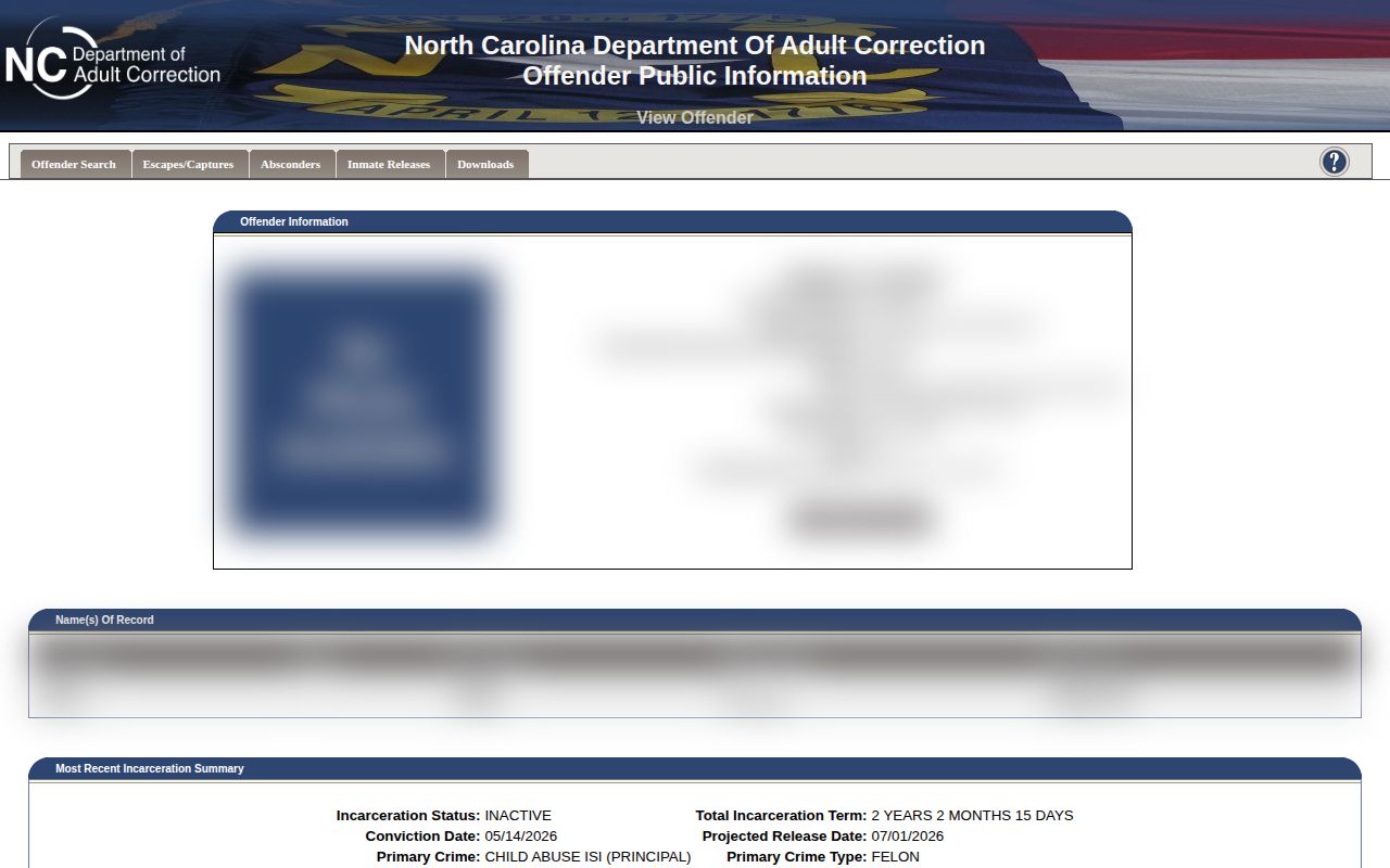 Privacy-redacted NCDAC record with Scotland County actual and projected release date fields